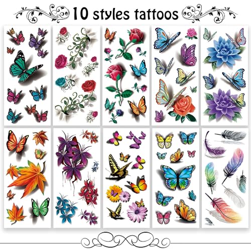 Cerlaza 78 Styles Temporary Tattoos for Women Adults, Butterfly Tattoo Stickers Realistic Tatuajes Temporales Woman, Waterproof Long Lasting Christmas Flower Fake Tattoos Sexy Semi Permanent Tatoo