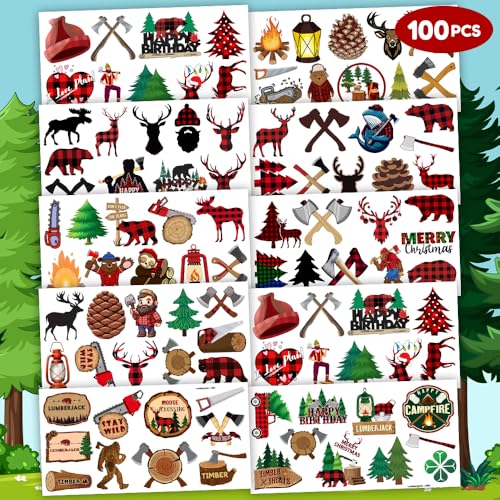 96PCS Lumberjack Temporary Tattoos Themed Woodland Camping Hunting Birthday Party Favors Decorations Supplies Buffalo Plaid Bears Stickers Gifts For Boys Girls Kids School Prizes Carnival Christmas