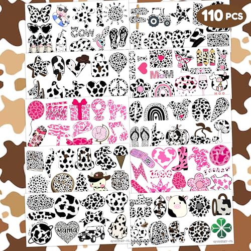 110 PCS Cow Print Birthday Party Decorations Favors Supplies Farm Animal Pink Happy Cow Temporary Tattoos Decor Stickers For Little Cow Girls Boys Gift School Prizes Rewards