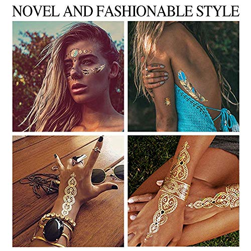 9 sheets 110+ Metallic Temporary Tattoos for Adult Women Girls Tattoos Gold Silver Glitter Flash Waterproof Tattoo Stickers for Beach, Festivals, & Parties
