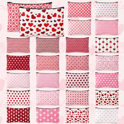 24 Pcs Valentine's Day Makeup Bags Bulk Galentine's Day Gifts for Women Canvas Cosmetic Bags with Zipper Heart Pink Stripes Plaid Wave Patterns Bag Valentine's Party Favors