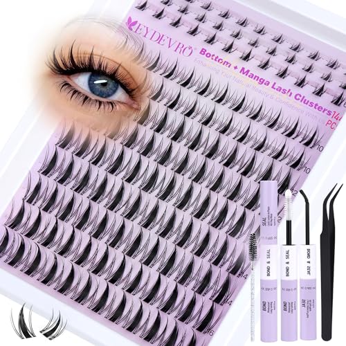 EYDEVRO Manga Lash Clusters Kit with Bottom Lashes Wispy Eyelash Clusters Kit 10-16mm Natural Fairy Cluster Lashes with Bottom Lash Clusters DIY Lash Extension Kit Clear Band Individual Lashes