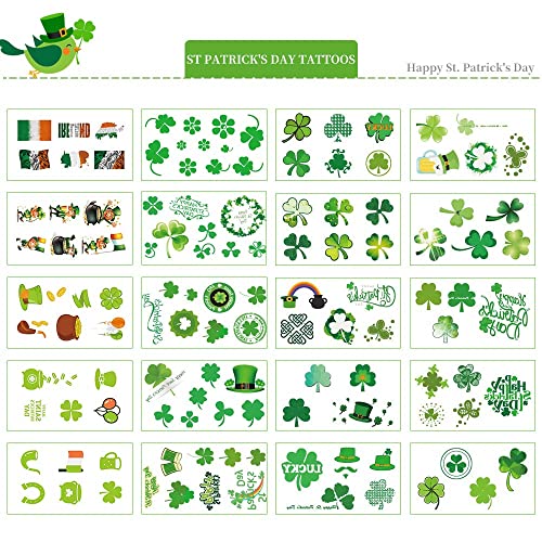 St Patricks Day Tattoos, 20 Unique Sheets Shamrock Patterned Tattoos, St. Patrick's Day Face Tattoos for Kids, Irish Parade and Party Favors Decorations