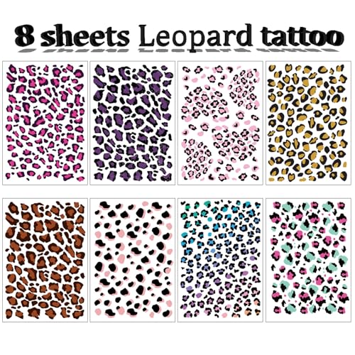 8 Sheets Leopard Print Temporary Tattoos for Women - Waterproof Fake Animal Print Tattoo Stickers for Body, Face & Nails | Tiger Cheetah Makeup Decals for Costume Party, Halloween & Music Festival