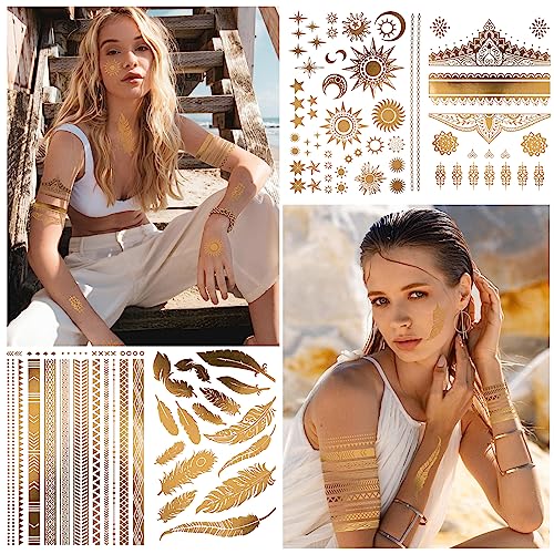 DPKOW 9 Sheets Gold Temporary Tattoos - Moon Star Butterfly Glitter Tattoos for Festival Flash Fake Waterproof Body Art