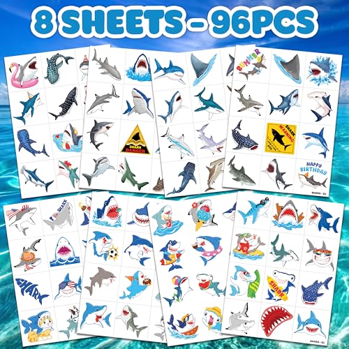 96 PCS Shark Pre-Cut Temporary Tattoos for Kids | Super Cute Shark Themed Birthday Party Favors, Supplies, Decorations, Cute Ocean Animal Tattoo Stickers (Multiple)