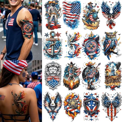 16 Sheets Independence Day Temporary Tattoos, USA Flag Patriotic Waterproof Fake Tattoos, Red White and Blue Party Supplies Tattoo Kits for 4th of July Memorial Day, Veterans Day, Summer Festivals