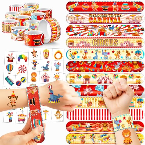 72PCS Carnival Party Set 48PCS Temporary Tattoos & 24PCS Slap Bracelets Fun Circus Themed Birthday Supplies, Baby Shower Gifts, Classroom Rewards & Party Decor for Kids Boys & Girls