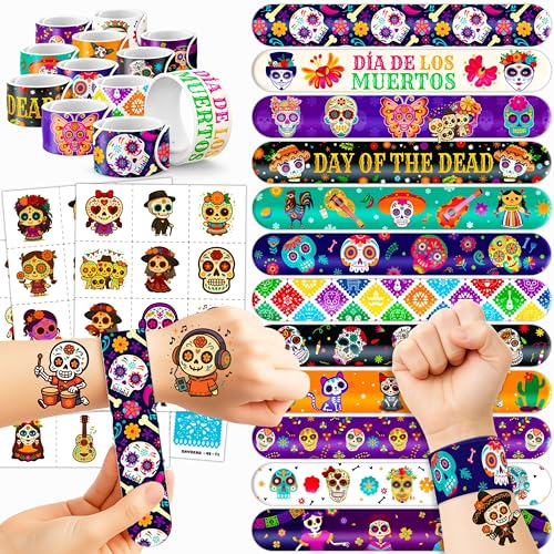 72PCS Day of the Dead Party Set | 48PCS Temporary Tattoos & 24PCS Slap Bracelets Fun D?a de los Muertos Birthday Supplies, Baby Shower Gifts, Classroom Rewards & Party Decor for Kids