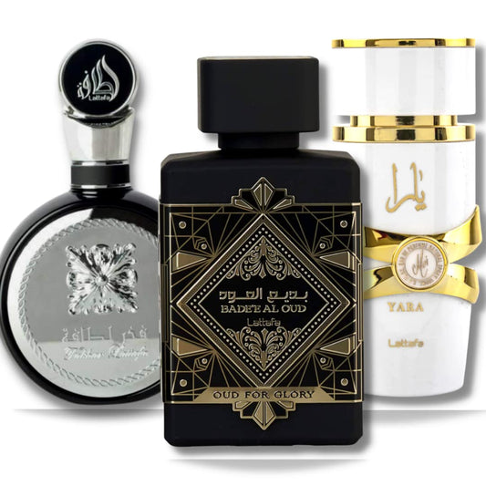 Lattafa Perfumes for Unisex 3 Piece Eau de Parfum Gift Set (Bade'e Al Oud Oud For Glory + Fakhar for Men + Yara Moi) 3.4 Ounce/100 ml each