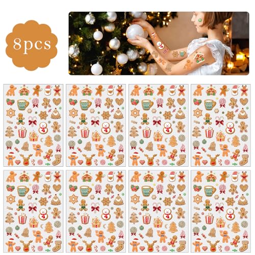 Merry Christmas Gingerbread Temporary Tattoos - 8 Sheets 280 Pcs Birthday Party Decorations Cute Man Cookies Tattoo Stickers for Boys Girls Xmas Party Favors Decor Gifts