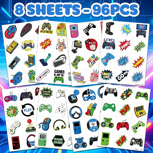 96 PCS Game Pre-Cut Temporary Tattoos Themed for Kids Birthday Party Decorations Supplies Favors Decor Super Cute Tattoo Stickers Sticker 8 Sheets Gifts for Boys Girls Games Classroom Rewards Carnival