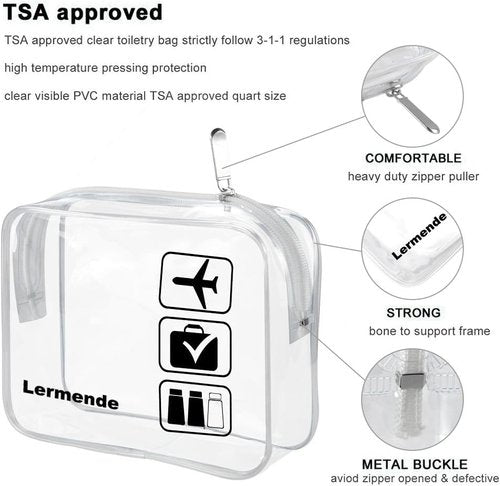 Lermende 2pcs/pack Clear Toiletry Bag TSA Approved Travel Carry On Airport Airline Quart Sized 3-1-1 Compliant Bag Make-up Pouch Kit (Clear)