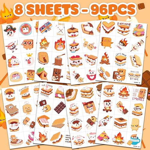96 PCS Funny Smore Pre-Cut Temporary Tattoos for Kids | Supper Cute Marshmallow Themed Birthday Party Favors, Supplies, Decorations, Camping Fake Tattoo Stickers, School Rewards Gifts & Boys & Girls