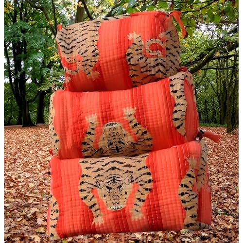 INDACORIFY Beautiful Printed Toiletry Bag Set 3 Pcs Quilted Makeup Bag Cosmetic Bag Block Print Handmade Waterproof Travel Accessory Bag