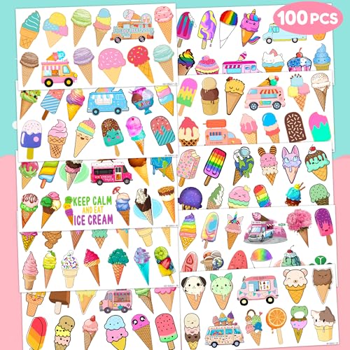 Ice Cream Temporary Tattoos 10 Sheets 120 PCS Ice Cream Cone Party Decorations Favors Supplies Sweet Theme Birthday Cute Stickers Christmas Gifts for Boys Girls Class School Prizes Carnival