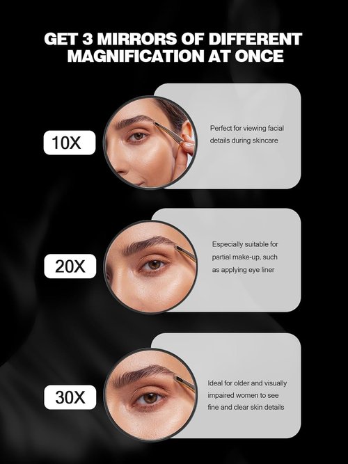 20X/30X/40X Magnifying Mirror with Suction Cups and Tweezers Set, 3.5 inches Travel Magnified Makeup Mirror, Black, 3PCS