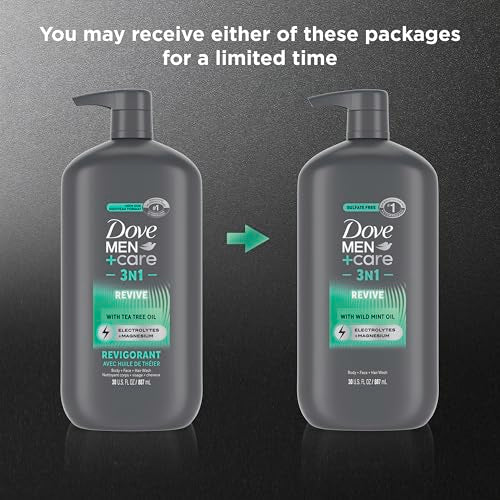 DOVE MEN + CARE Body and Face Wash Invigorating Revive 3N1 with Tea Tree Oil, with 24-Hour Nourishing Micromoisture Technology, 30 oz