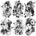 6 Sheets Black Japan Warrior Samurai Goldfish Geisha Bird Lotus Prajna Rabbit Temporary Tattoos