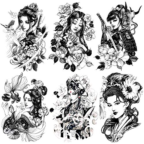 6 Sheets Black Japan Warrior Samurai Goldfish Geisha Bird Lotus Prajna Rabbit Temporary Tattoos