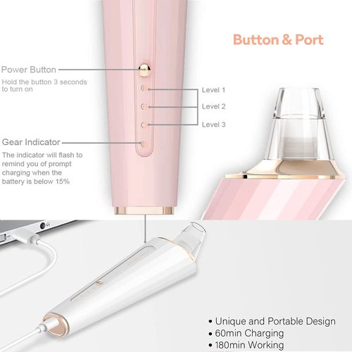 Blackhead Remover Pore Vacuum, Upgraded USB Rechargeable Facial Pore Cleaner Blackhead Removal Kit with 3 Suction Power,5 Probes Black Head Extractions Tool for Women & Men (Pink)