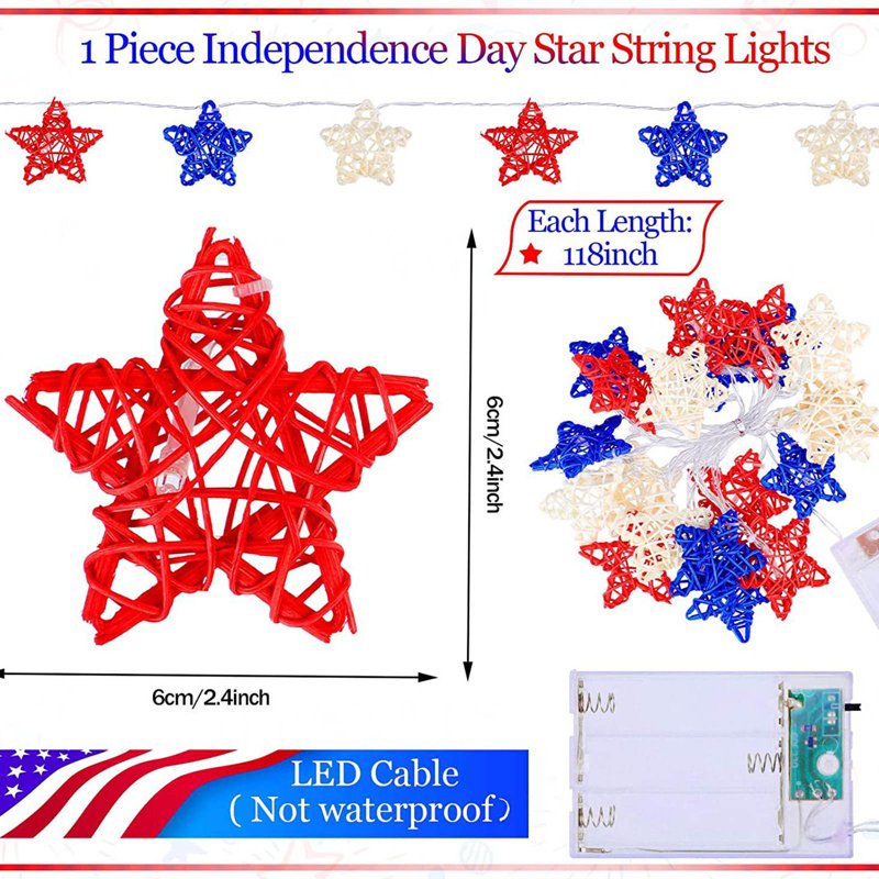 Patriotic Red White Blue Star String Lights - 10ft Outdoor Indoor Decor, 20 LEDs