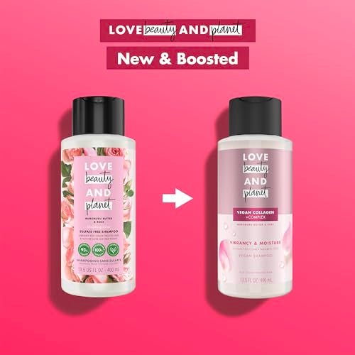 Love Beauty and Planet Vegan Collagen Moisture Shampoo, 13.5oz, Cruelty-free, Murumuru Butter & Rose for Color-Treated Hair Vibrancy, free from Sulfate, Paraben, Silicone