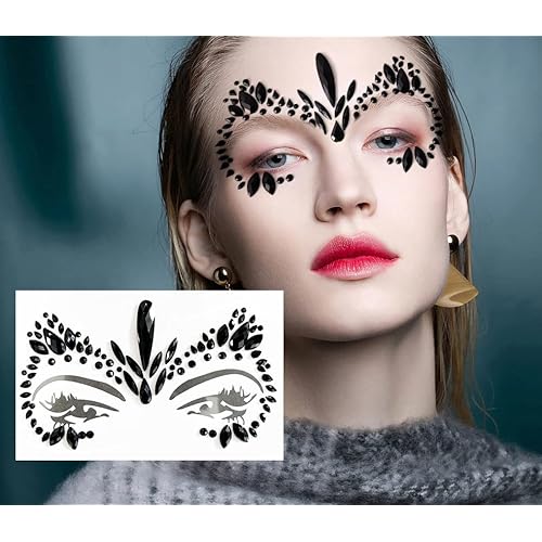 Mermaid Face Jewels - 4-Sheet Black Festival Sticker, Body Rhinestone Gems Rave Rainbow Face Crystals for Halloween, Music Carnival Festival Party Makeup