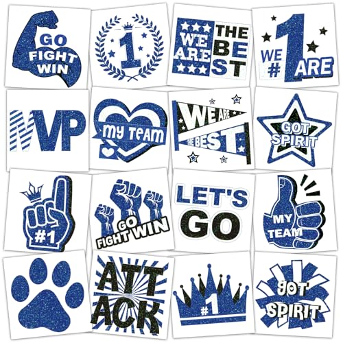 160 Pcs Glitter Team Spirit Temporary Tattoos School Team Cheer Face Stickers Cheerleading Party Supplies and Sports Games Decoration(BLUE)