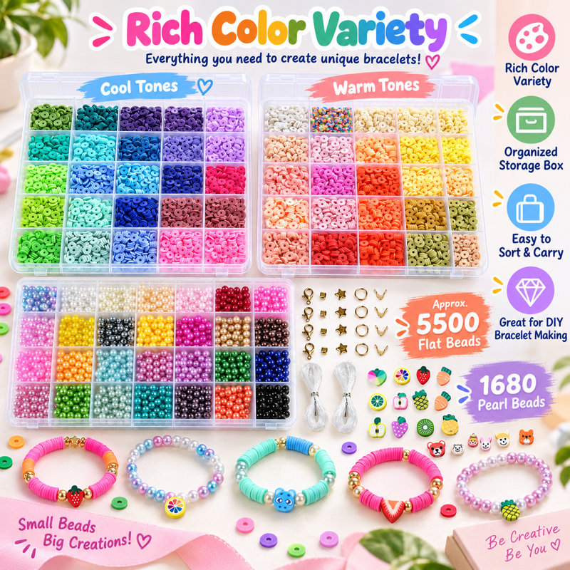 Jewelry Making Kit with Flat Beads and Pearl Beads - 7180 Pcs DIY Jewelry Supplies