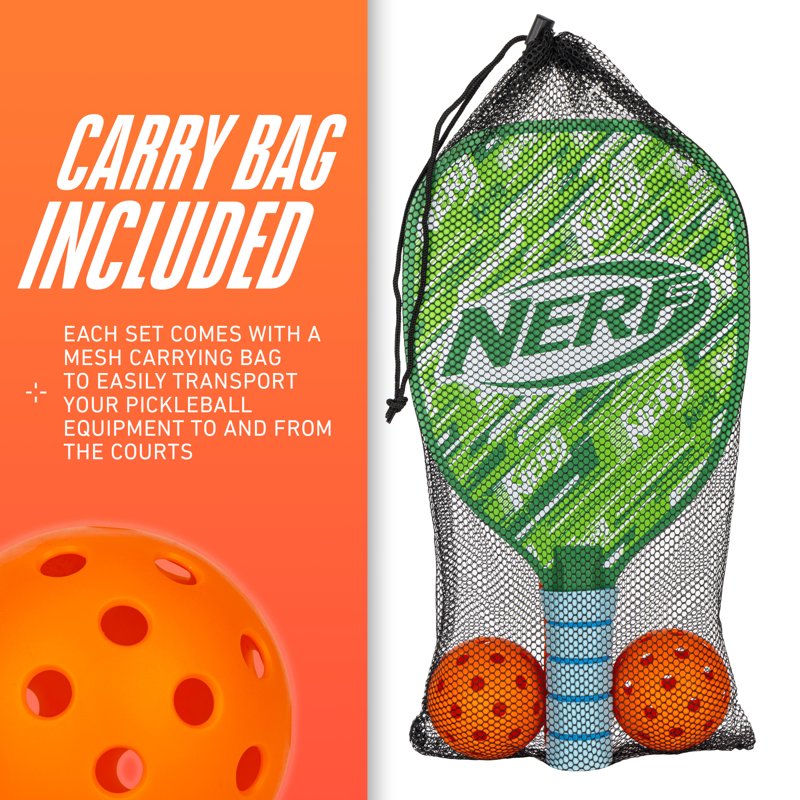 NERF 2-Player Pickleball Set - Blue & Green Paddles + 2 Outdoor Balls, Carry Bag Included