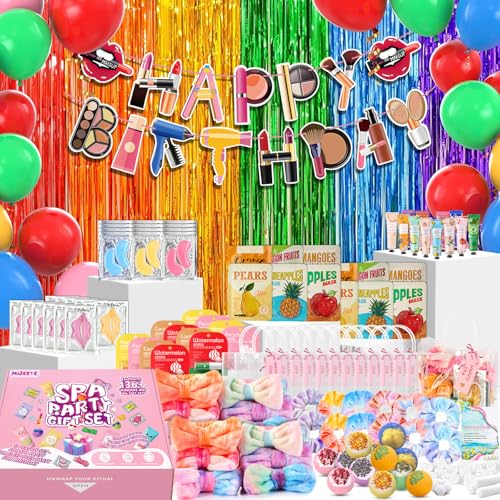 160 PCS Spa Party Supplies For Girls, Kids & Family, Include Face, Eye, Lip & Foot Care, Sleepover Birthday Party Favors With Banner, Balloons, Fringe Curtain, Spa Birthday Gift Set For 12 People
