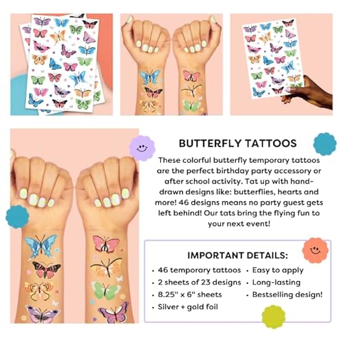 xo, Fetti Butterfly Temporary Tattoos - 46 Glitter Styles | Rainbow Fairy Birthday Party Supplies, Monarchs, Hearts, Flowers, Garden Arts and Crafts
