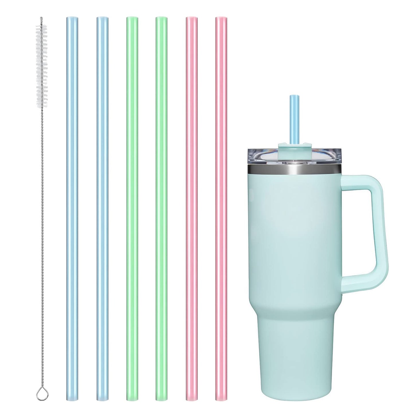 AUAUY 6 PCS Silicone Replacement Straws for Stanley 40oz 30oz Cup, Reusable Colorful Straws Compatible with Stanley Adventure Quencher Travel Tumbler, Cup Straws with Cleaning Brush