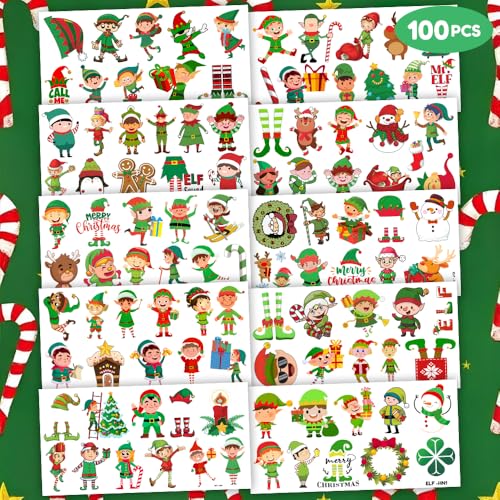 96PCS Elf Chritsmas Temporary Tattoos Winter Themed Birthday Party Decorations Supplies Favors Merry Xmas Snowflake Snowman Tattoo Stickers Gifts For Boys Girls Kids School Prizes Carnival Holiday