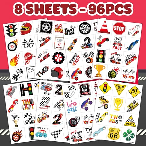 96 PCS Two Fast Race Car Pre-CutTemporary Tattoos Stickers Theme 2nd Birthday Party Decorations Favors Supplies Decor 2 Fast Racing Checkered Tattoo Sticker Gifts For Boys Girls School Prizes