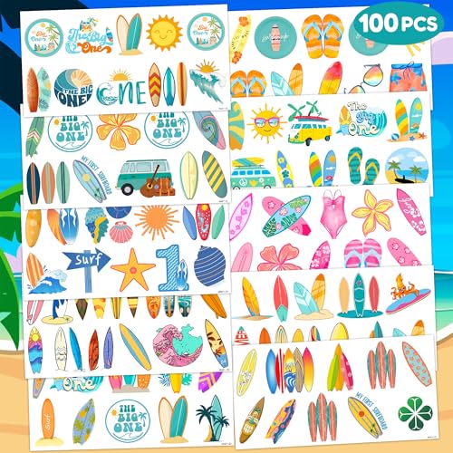 Cute Surfing Temporary Tattoos The Big One Surf Birthday Party Decorations Favors Supplies Summer 1st Themed Stickers 10 Sheets 100 PCS Gifts for Kids Girls Boys Decor Class School Carnival Christmas