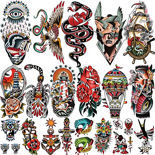 77 sheets Classic Temporary Tattoos Adult, Old School Tattoos Stickers, Sailor Jerry Style Fake Tattoo, American Traditional Flower Rose Arm Temporary Tattoos for Women Men Kids