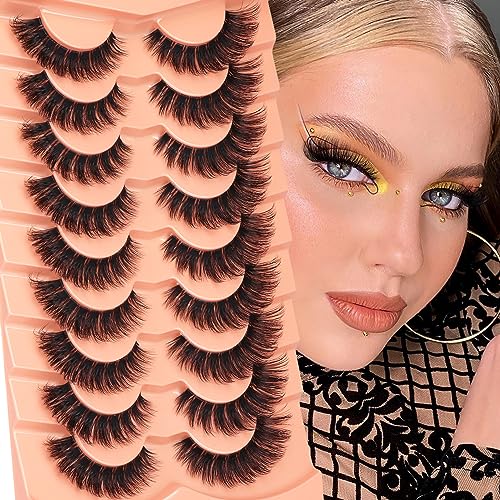 Newcally False Eyelashes Russian Strip Lashes Wispy Mink Lashes D-curly Fake Lashes Like Eyelash Extension Lash Strips 9 Pairs Pack