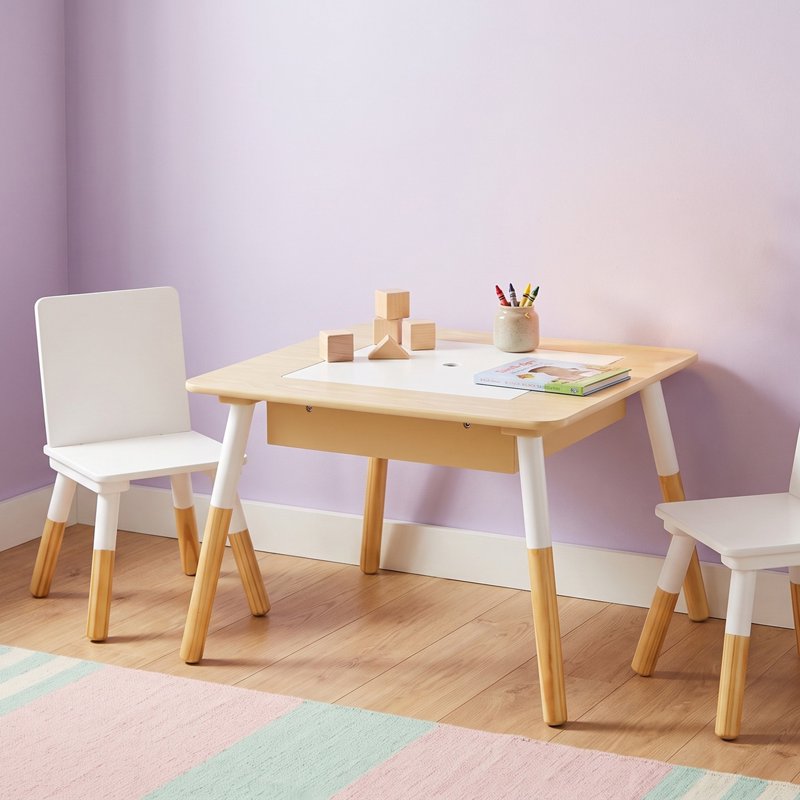Kids Activity Table and Chair Set with Flip Top Dry Erase & Chalkboard, Storage - White