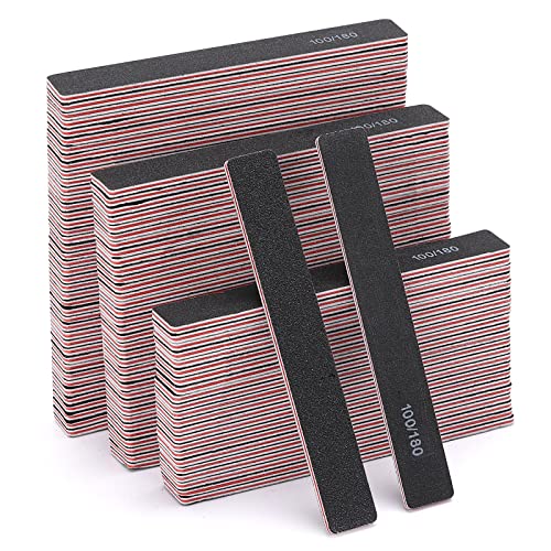 100 Pcs Black Nail Files 100/180 Grit Professional Double Sided Emery Boards Coarse and Medium Grit Rectangle Buffering File for Acrylic Nails