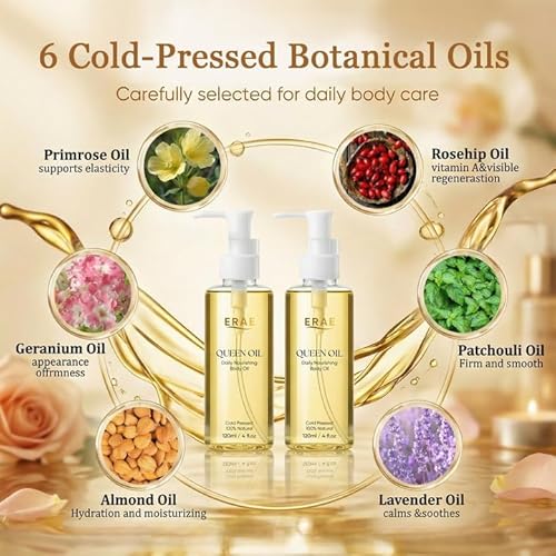 ERAE Queen Oil, Cold-Pressed Botanical Body Oil, Lightweight Daily Hydrating & Moisturizing Oil for Arms, Tummy & Thighs, Deeply Nourishing, 2 Pack (120 ml / 4 fl oz Each) (2 PCS)