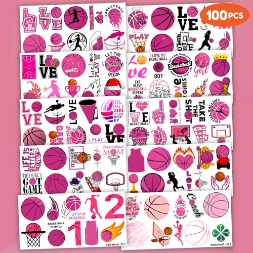 100 PCS Basketball Pink Temporary Tattoos Themed Birthday Party Decorations Favors Supplies D?cor Olympic Sports Game Tattoo Stickers Gifts For Game Boys Girls Classroom School Prizes Reward