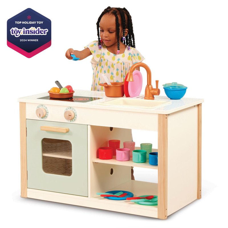 Wooden Kitchen Playset with Chalkboard and Accessories - Toddler Pretend Cooking & Café Set