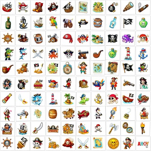100 Pcs Pirate Temporary Tattoos for Kids,£¨2'' x 2''£©Individually Wrapped Tattoos, Pirate Ship Nautical Themed Birthday Decorations, Party Favors Supplies
