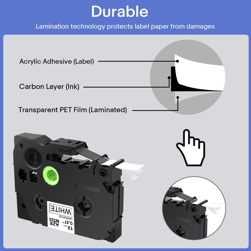 6 Pack Laminated Label Tape for Brother P-touch TZe Series - 12mm Wide