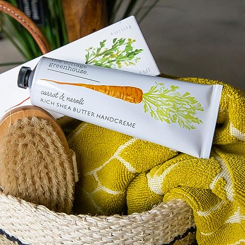 The Cottage Greenhouse Carrot & Neroli Handcreme, 4 oz, Moisturizing Lotion for Dry Hands, Quick Absorbing Shea Butter & Cocoa Butter, Luxury Purse Essentials