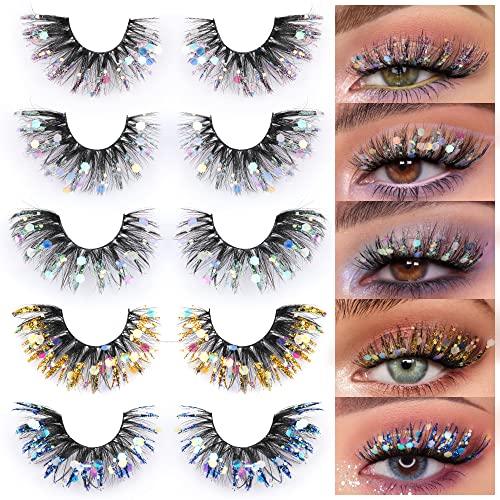 Zegaine Glitter Colored False Eyelashes Wispy 5 Pairs Dramatic Cat Eye Festival Lashes Pack 5 Styles