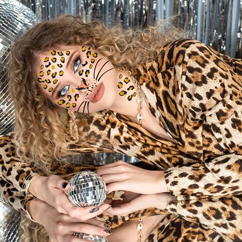 Leopard Face Tattoos, Glitter Cheetah Cat Leopard Tattoos Face Stickers, Cheetah Costume for Adult Women, Halloween Animal Costume Stickers Party Supplies