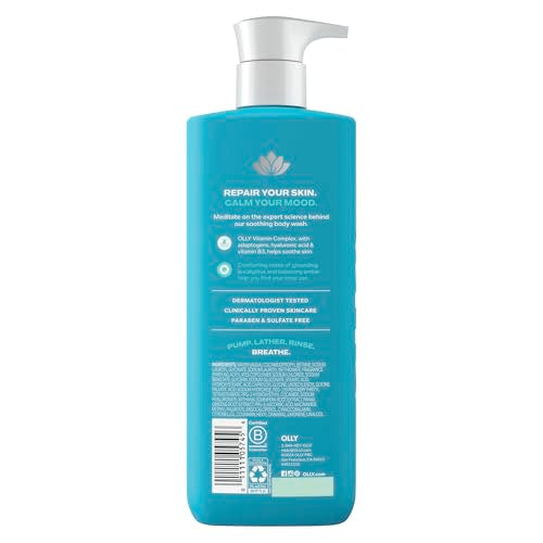 OLLY Calm Body Wash with Hyaluronic Acid, Adaptogens & Vitamin B3? Nourishing Cleanser for Skin Barrier Repair, Deep Hydration, Eucalyptus Amber Scent, 17oz